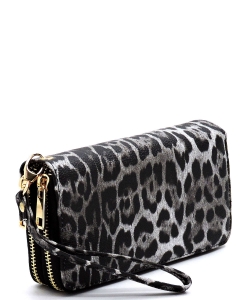Leopard Double Zip Around Wallet Wristlet LE0012 BLACK